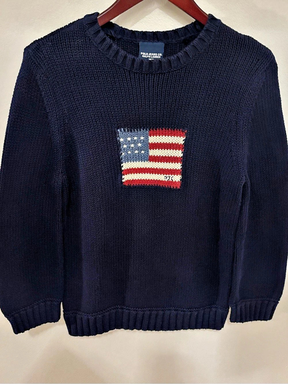 Vintage Polo Jeans Co. Ralph Lauren Flag Sweater Youth XL Navy Y2K Preppy